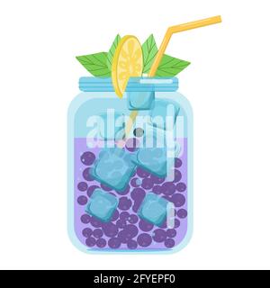 Bevande analcoliche, cocktail di frutta con ribes nero, bevanda analcolica gassata in un vaso di vetro, oggetto vettoriale in stile piatto su sfondo bianco Illustrazione Vettoriale