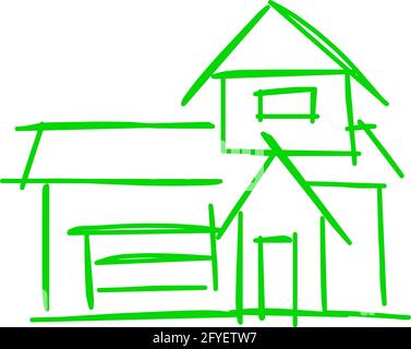 Casa icona di linea grezza arte in stile disegnato a mano, semplice, verde 33 Illustrazione Vettoriale