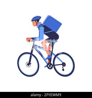 Il conducente di biciclette con zaino blu dietro la schiena è sulla sua strada per consegnare il cibo. Corriere in bicicletta che consegna il cibo. Spedizione rapida delle merci a. Illustrazione Vettoriale