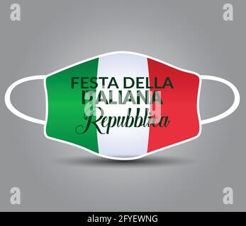 Felice Giornata dell'Indipendenza d'Italia. Bandiera italiana con maschera medica, uso per la stampa. Cvid19, concetto di virus corona. Illustrazione Vettoriale