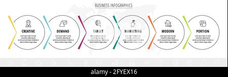 Infografiche vettoriali sei cerchi con frecce. Concetto di line business di 6 fasi, opzioni. Modello infografico per diagrammi, Web, banner, presentazioni Illustrazione Vettoriale