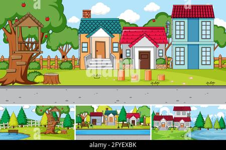 Serie di diverse immagini di scene di casa all'aperto Illustrazione Vettoriale