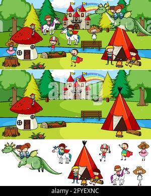 Insieme di diverse scene orizzontali di sfondo con doodle bambini cartone animato illustrazione dei caratteri Illustrazione Vettoriale