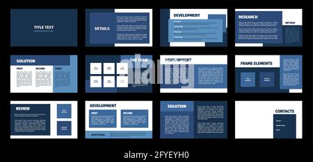 Modello di presentazione. Design piatto con rettangoli blu, sfondo bianco. 12 vetrini. Titolo, dettaglio, sviluppo, ricerca, soluzione, squadra, elemento telaio, Illustrazione Vettoriale