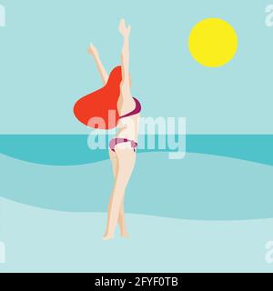ritratto minimalista di donna in spiaggia. Banner estivo. Spiaggia scena Illustrazione Vettoriale