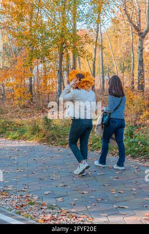Due giovani donne irriconoscibili camminano lungo i sentieri del parco autunnale disseminati di foglie gialle cadute. Uno di loro indossa una corona di acero nel suo periodo Foto Stock