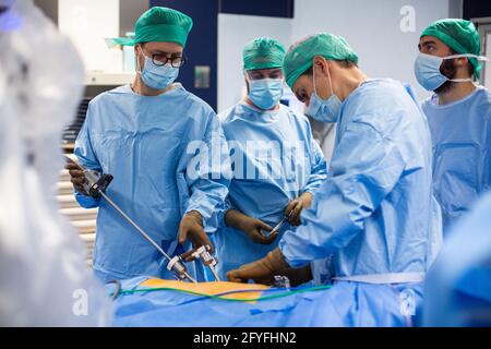 Chirurgia renale conservativa robotica guidata da immagini assistita da modellazione 3D, questa modellazione 3D del rene con il suo tumore guida le fasi chirurgiche dal vivo, Foto Stock