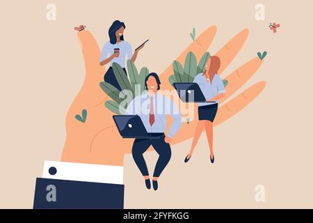 I piccoli lavoratori degli uffici sono seduti su una mano enorme. Concetto di un buon ambiente di lavoro confortevole, clima psicologico favorevole, retribuzione elevata e libertà Illustrazione Vettoriale
