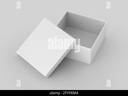 White Square Box Mockup, contenitore vuoto per shoe box, 3d reso isolato su sfondo chiaro, pronto per il tuo design Foto Stock