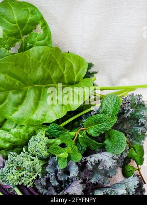 verdi frondosi raccolte di fresco con fagioli verdi colorati e broccoli Foto Stock