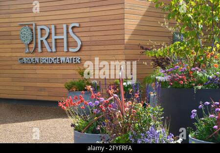 Mostra floreale colorata in Containers fuori dall'ingresso del Welcome Building presso il RHS Garden Bridgewater, Worsley, Manchester, Regno Unito. Foto Stock