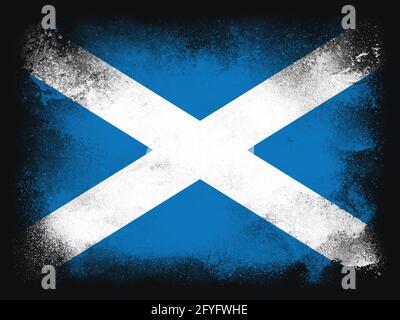 Scotland Flag design composizione di polvere e vernice esplosenti, isolati su uno sfondo nero per lo spazio di copia. Particelle di polvere astratte colorate esplodono Foto Stock