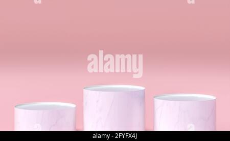 podio cilindrico in marmo bianco su sfondo rosa. rendering 3d Foto Stock