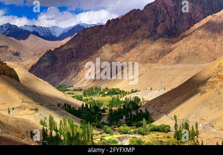 Bellissimo paesaggio roccioso di Ladakh con valle verde nel mezzo, gioco di luce e ombra, Jammu e Kashmir, Leh, India Foto Stock