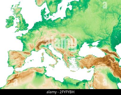 Mappa fisica del Mediterraneo e dell'Europa centrale, degli stati e delle frontiere, del Nord Africa e del Medio Oriente. Montagne, laghi e pianure. rendering 3d Foto Stock