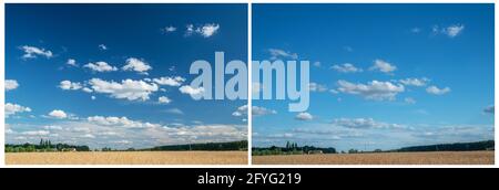 Effetto di un filtro polarizzante mostrato sulla foto del paesaggio estivo. Foto Stock