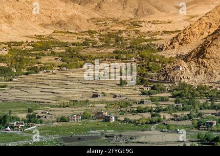 Verde terra agricola tra le montagne aride di Leh, Ladakh - immagine ripresa dal passo di Changla. Leh, Jammu e Kashmir, India Foto Stock