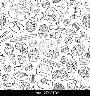 Panetteria e pasticceria modello senza giunture. Cibo doodles su sfondo bianco. Illustrazione vettoriale. Illustrazione Vettoriale