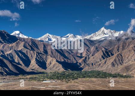 Vista aerea di Leh City, paesaggio con picchi di ghiaccio, cielo blu sullo sfondo, Ladakh, Jammu e Kashmir, India Foto Stock