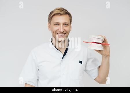 Dentista che mostra la corretta igiene dentale utilizzando mock-up di scheletro di denti. Medico stomatologo che spiega la corretta igiene dentale per il paziente che tiene un campione di mandibola umana con spazzolino da denti. Foto Stock