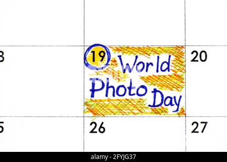 Promemoria Giornata Mondiale della Foto in calendario. Agosto 19. Foto Stock