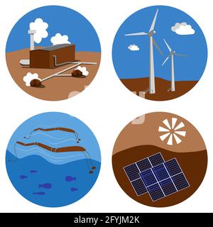 Set di icone di fonti di energia alternative. Sole, vento, acqua, terra eco-friendly elettricità. Solare, idrogeno geotermico potenza vettoriale illustrazione Illustrazione Vettoriale