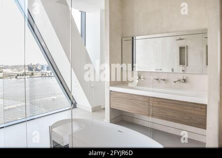 Ampio bagno principale con lavandino armadio e vasca da bagno cabina doccia in vetro Foto Stock