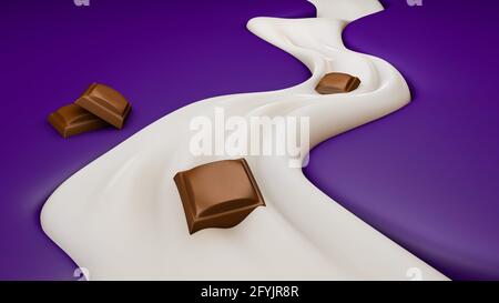 Fiume 3d cremoso su sfondo viola con cioccolatini. illustrazione 3d Foto Stock