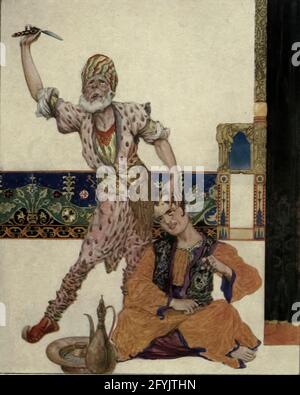 Sono lui che la gente chiama El Samit il silenzio! Illustrazione a colori della storia raccontata dal sarto il giovane uomo e il Barbiere dal libro ' More Tales from the Arabian Nights, basato sulla traduzione dall'arabo ' di Edward William Lane e Frances Jenkins Olcott, Editore New York, H. Holt e società 1915 Foto Stock