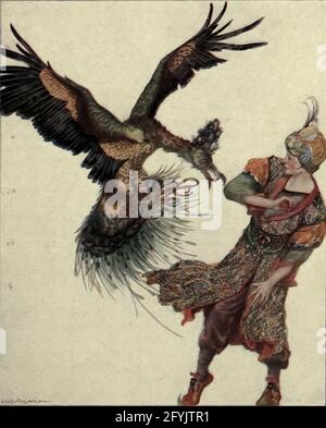 Lo, UN uccello ha rimbalzato sul Talisman Colour illustrazione del Talisman perduto dal libro ' More Tales from the Arabian Nights, basato sulla traduzione dall'arabo ' di Edward William Lane e Frances Jenkins Olcott, Editore New York, H. Holt e la società 1915 Foto Stock