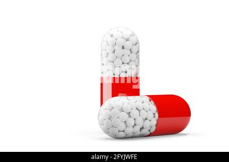 Due capsule rosse e bianche su sfondo bianco, trattamento medico, concetto farmaceutico o farmaco, illustrazione 3D Foto Stock