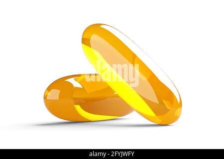 Due capsule di olio di pesce omega 3 su sfondo bianco, illustrazione 3D Foto Stock