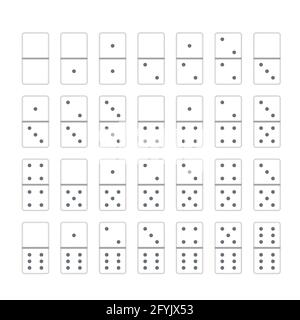 Dominos bianchi. Set completo di mattonelle di ossa di gioco di domino, 28 pezzi di domino isolati su bianco Illustrazione Vettoriale