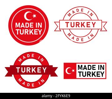 Set di template grafici per etichette tacchini Made in Turkey prodotto in paese con adesivo bandiera Illustrazione Vettoriale