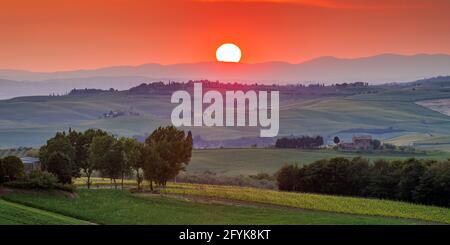 Un tramonto mozzafiato nella Val d'Orcia, Toscana, Italia. Foto Stock