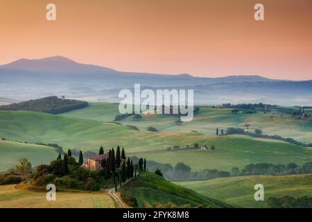 L'iconico casale Belverdere, immerso nella luce del mattino presto, è uno dei luoghi più belli da visitare nella Val d'Orcia, in Toscana. Foto Stock