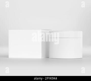 Boccetta cosmetica bianca con cappuccio, confezione vuota modello mockup realistico, rendering 3d isolato su sfondo chiaro Foto Stock