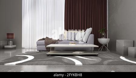 Interni moderni di un loft soggiorno, con pareti e pavimento in cemento, 3D rendering Foto Stock