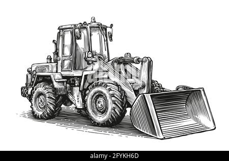 Schizzo della macchina da costruzione. Illustrazione vettoriale dell'escavatore del trattore disegnato a mano Illustrazione Vettoriale