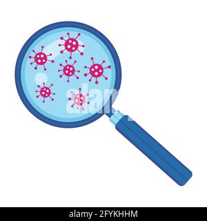 Coronavirus sotto lente d'ingrandimento. La lente di ingrandimento mostra virus o cellule batteriche. Strumento ottico. Deformazione di rilevamento COVID-19. Ricerca malattia. Vettore Illustrazione Vettoriale