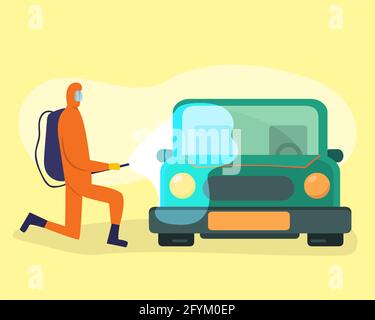 persone con tuta protettiva disinfettante auto vettoriale illustrazione in piano stile Illustrazione Vettoriale