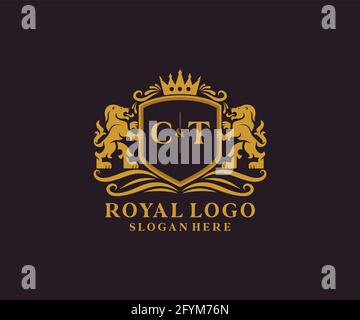 CT Letter Lion Royal Luxury Logo template in arte vettoriale per Ristorante, Royalty, Boutique, Cafe, Hotel, Araldica, Gioielli, Moda e altri vettori il Illustrazione Vettoriale