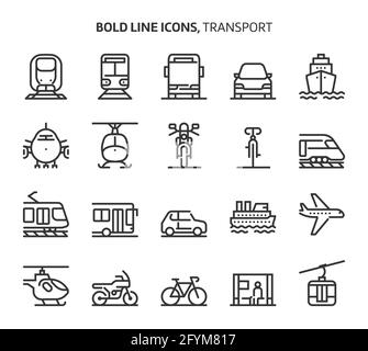 Trasporto, icone di linea in grassetto. Le illustrazioni sono un vettore, tratto modificabile, 48x48 pixel Perfect file. Realizzati con precisione e occhio per la qualità. Illustrazione Vettoriale