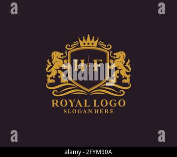 Modello del logo HF Letter Lion Royal Luxury in Vector Art per ristoranti, Royalty, Boutique, Cafe, Hotel, Araldica, Gioielli, Moda e altri vettori il Illustrazione Vettoriale