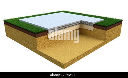 Base in cemento armato colata, illustrazione industriale isolata 3D Foto Stock