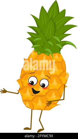 Simpatico personaggio di ananas con emozioni di gioia, volto sorridente, occhi felici, braccia e gambe. Un frutto esotico mischioso con gli occhi. Cibo gioioso Illustrazione Vettoriale