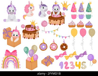 Il compleanno di Unicorn è ambientato in stile cartoon. Illustrazione vettoriale per bambini. Illustrazione Vettoriale