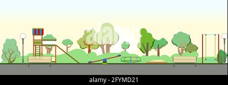 Parco giochi nel parco. Altalene, scivoli e giostre. Illustrazione in stile cartoon piatto. Un posto per i bambini per giocare. Sandbox per bambini. Paesaggi all'aperto Illustrazione Vettoriale