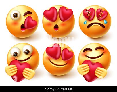 Emoticon Love smileys serie di caratteri vettoriali. In Love 3d emoji personaggi con espressioni come il bacio, piangendo e tenendo il cuore per nell'amore e nella cura. Illustrazione Vettoriale