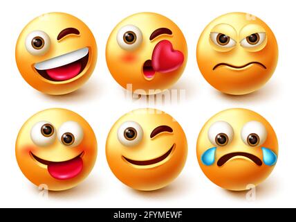 Set di caratteri vettoriali emoticon smiley. Emoji smileys personaggi 3d con espressioni facciali felici, arrabbiati, piangenti e strizzacervelli isolati. Illustrazione Vettoriale